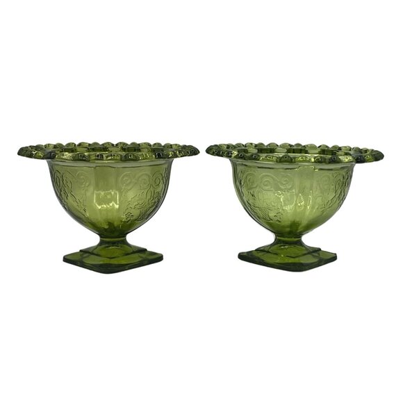 Vintage Green Glass Dessert Bowls Set Of 2 With Decorative Rim  Floral Design - Picture 3 of 15
